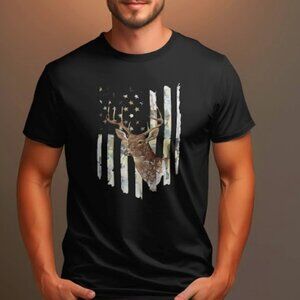 American Flag Deer Head Black T Shirt